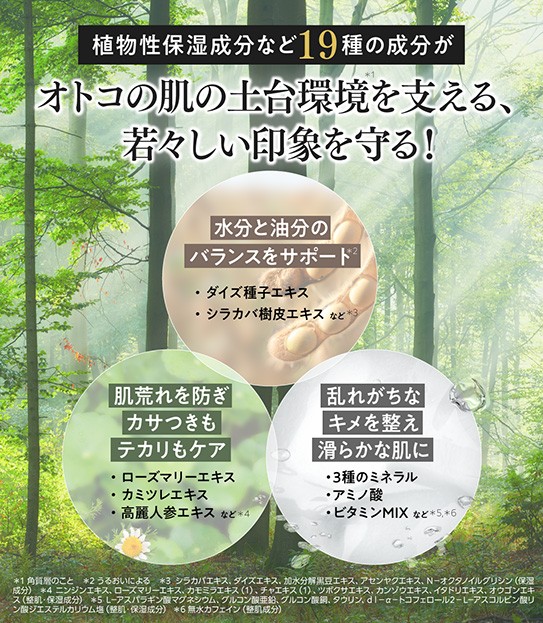 ザ 薬用オールインワンジェルは植物性保湿成分など19種の成分がオトコの肌の土台環境を支える、若々しい印象を守る