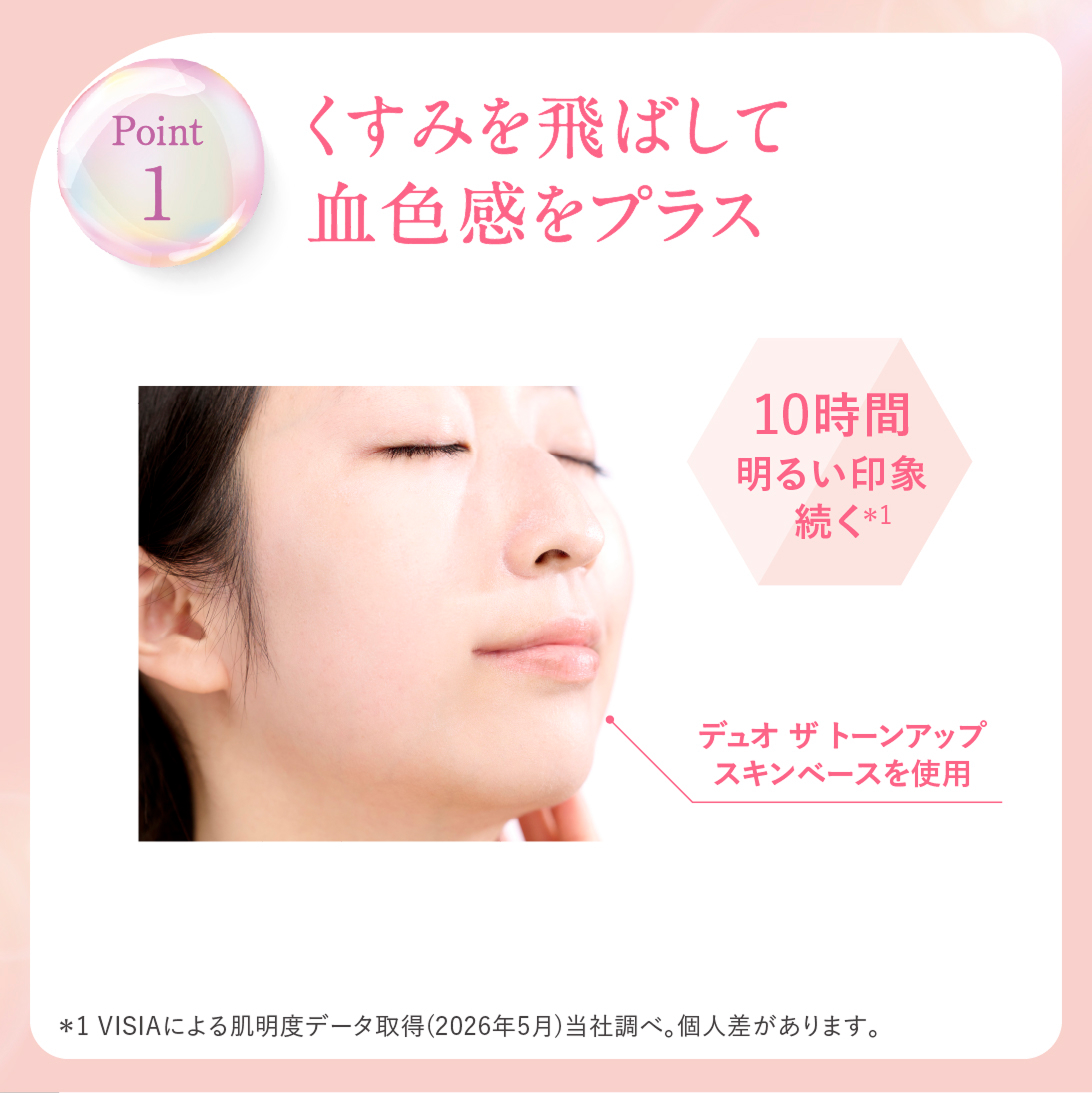 Point1くすみを飛ばして血色感をプラス。10時間明るい印象が続く。