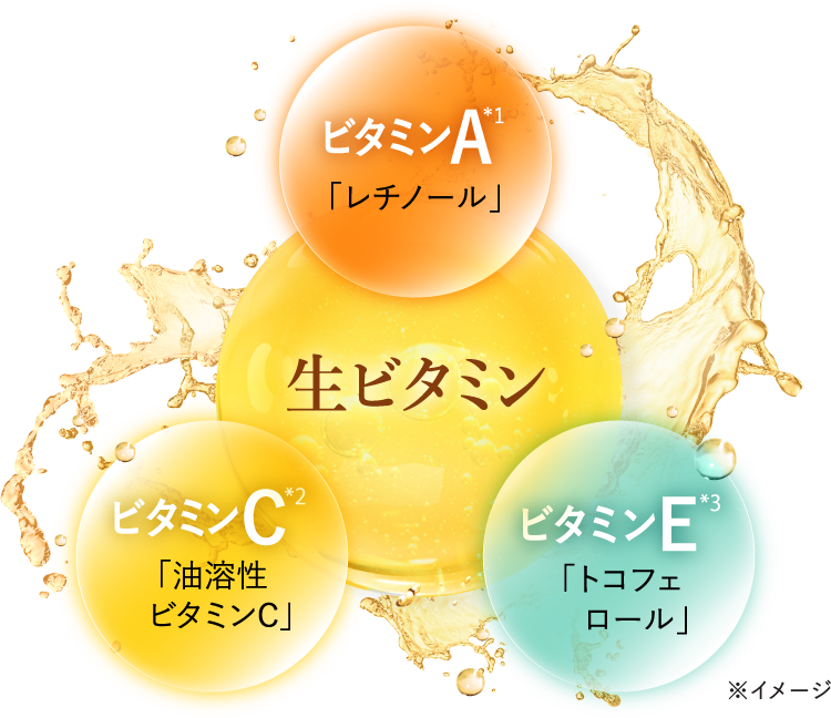 生ビタミン ビタミンA「レチノール」 ビタミンC「油溶性ビタミンC」 ビタミンE「トコフェロール」
