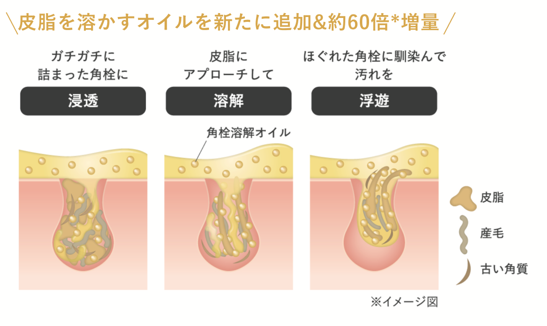 角栓溶解オイルが、皮脂や毛穴の奥に詰まった汚れを溶かす