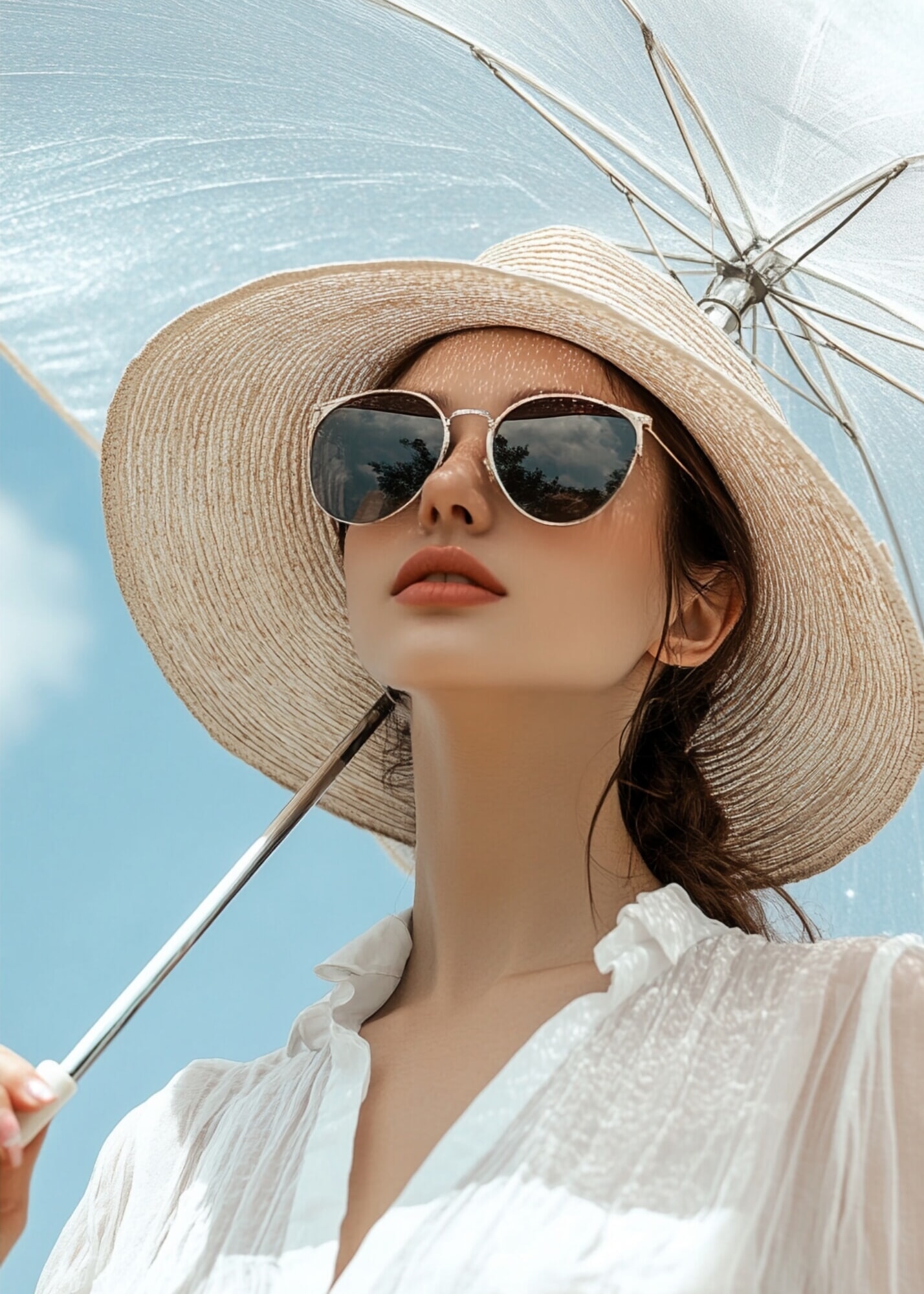 帽子や日傘で頭皮も紫外線対策をする女性