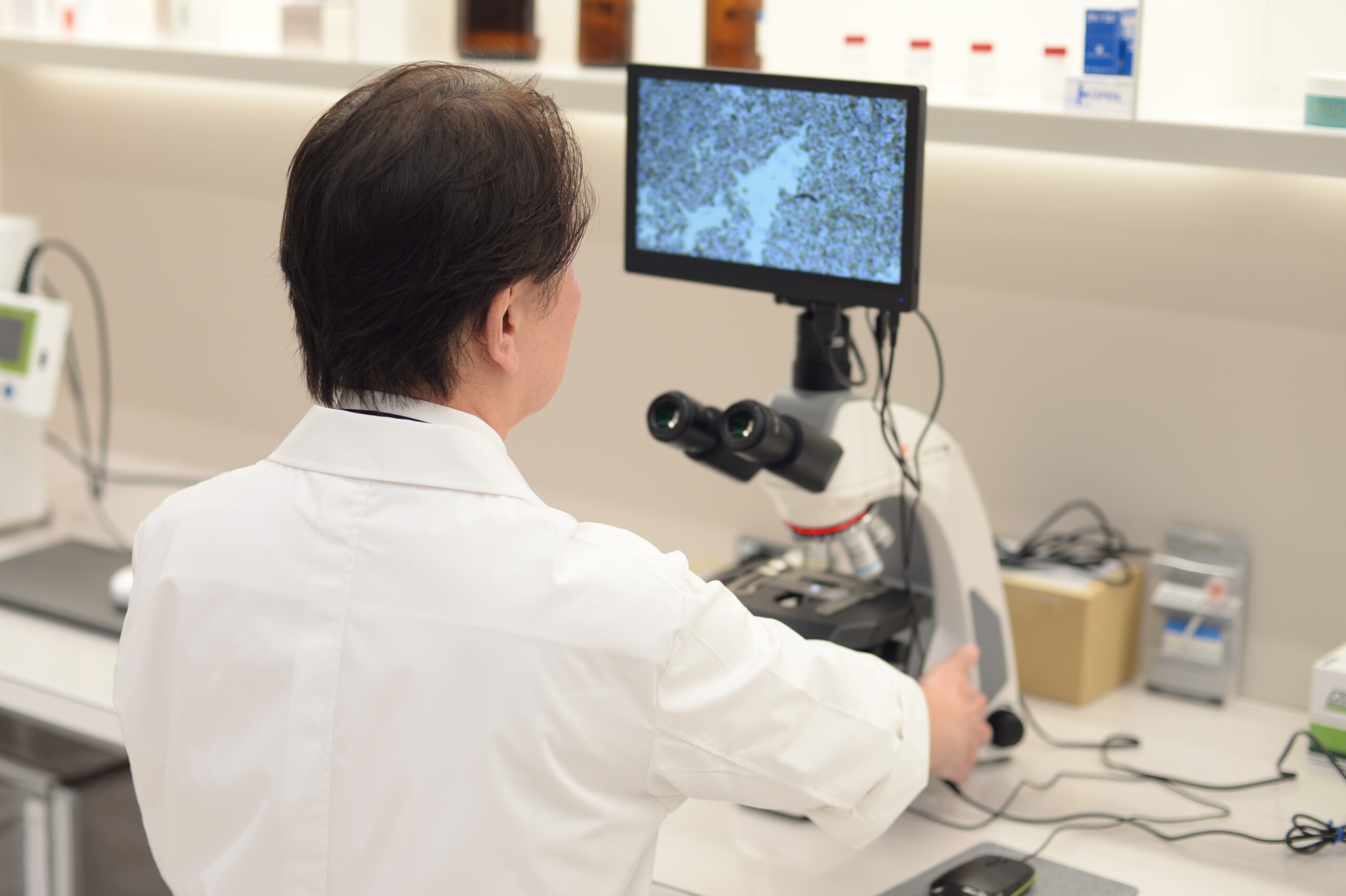 顕微鏡を覗き込む林田さんの後ろ姿