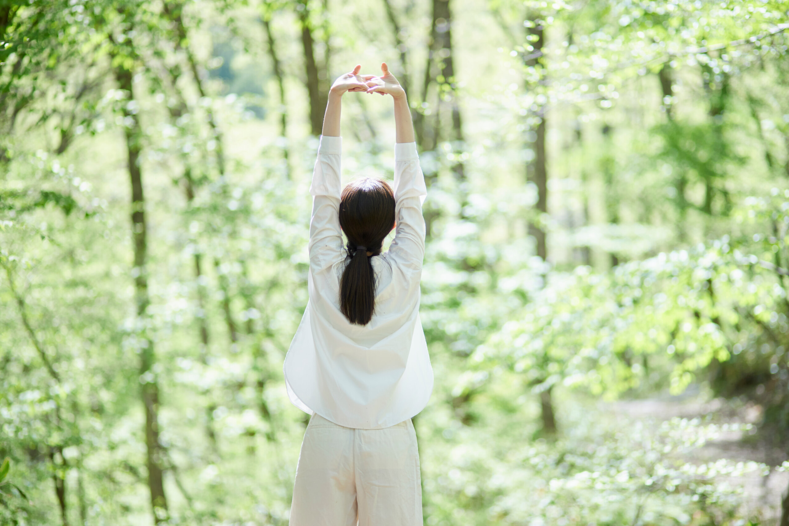 新緑の中で伸びをする女性