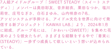 7人組アイドルグループ「 SWEET STEADY（スイート ステディ）」メンバーは奥田彩友、音井結衣、栗田なつか、塩川莉世、庄司なぎさ、白石まゆみ、山内咲奈の7名。アソビシステムが手掛ける、アイドル文化を世界に向けて発信する新プロジェクト「 KAWAII LAB.」より、2024年1月に結成。グループ名には、「かわいい(SWEET)」を集めた花束のような彼女たちが、さまざまな経験をする中で「着実に(STEADY)」一歩ずつ成長して欲しいという想いが込められている。